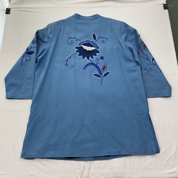 Indigo Moon Jacket Womens 2X Blue Embroidered Flowers Button Front Wearable Art - Picture 2 of 16